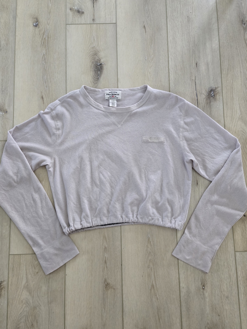 Ralph Lauren Polo Jeans Co Women's Beige Crew Neck Cropped Lace Hem Sweatshirt M